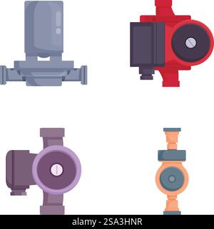 Illustrationskollektion mit verschiedenen farbenfrohen Industrierohren und Ventilen in flachem Stil. Set mit vier industriellen Rohren und Ventilen für Cartoons Stock Vektor