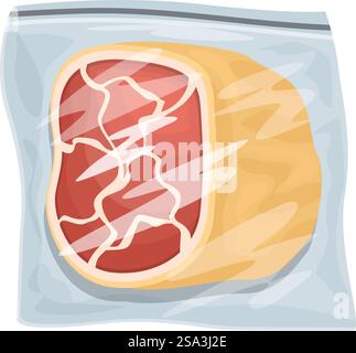 Abbildung eines saugversiegelten rohen Steaks in luftdichten Verpackungen zur Aufbewahrung und Lagerung, perfekt für die Lebensmittelindustrie und die kulinarische Industrie. Bunte Vektor-Illustration eines rohen Steaks in Vakuumverpackung, perfekt für Entwürfe der Lebensmittelindustrie Stock Vektor