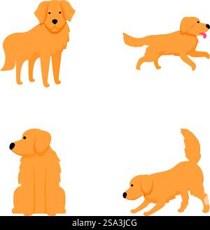 Sammlung niedlicher goldener Comic-Retriever-Hunde in verschiedenen Haltungen auf weißem Hintergrund. Golden Retriever Hundebilder in verschiedenen Posen Stock Vektor