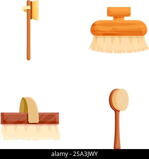 Sammlung von vier Reinigungswerkzeugen im Vintage-Stil, einschließlich Besen und Bürsten. Symbolsatz für Vintage-Reinigungswerkzeuge Stock Vektor