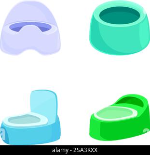 Farbenfrohe Ikonen im Badezimmer mit Cartoon-Symbolen, darunter ein Waschbecken, eine Toilette und eine Badewanne. Sammlung von Zeichentrick-Badezimmerarmaturen Ikonen Stock Vektor