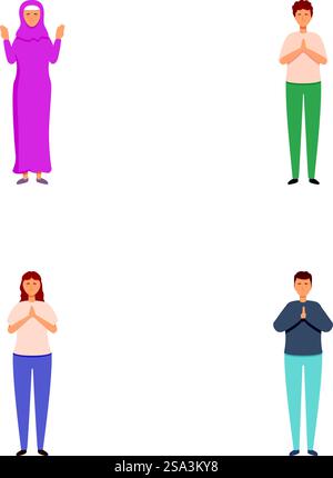 Illustrationsset mit vier Personen mit verschiedenen Gesten und Kleidungsstücken, die verschiedene Emotionen ausdrücken. Verschiedene Gruppen von Personen, die verschiedene Gesten zeigen Stock Vektor