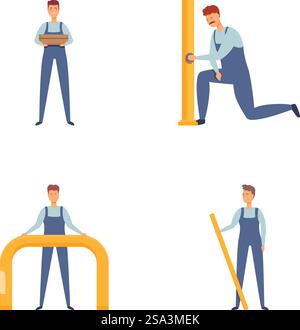 Sammlung von vier Vektorillustrationen mit einem Zimmermann in verschiedenen Werksposen. Eine Reihe von Illustrationen für die Figur des Zimmermanns Stock Vektor