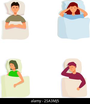 Abbildung von vier Personen, die jeweils in einer einzigartigen Position im Bett schlafen. Leute, die in verschiedenen Positionen schlafen Stock Vektor