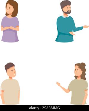 Vier verschiedene Zeichentrickfiguren, die verschiedene Gesten auf weißem Hintergrund ausdrücken. Eine Reihe von Comic-Leuten, die Gesten geben Stock Vektor
