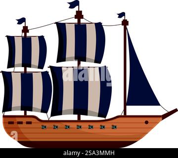 Isolierte Illustration eines klassischen Piratenschiffs mit Segeln und Fahnen auf weißem Hintergrund. Vintage-Zeichentrickfilm Piratenschiff Illustration Stock Vektor