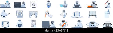 Roboter-Writer-Vektor. Eine Sammlung von Robotercharakteren mit verschiedenen Jobs und Aufgaben. Einige schreiben, andere schreiben und andere benutzen einen Computer. Roboter-Writer-Vektor. Eine Sammlung von Robotercharakteren mit verschiedenen Jobs und Aufgaben Stock Vektor
