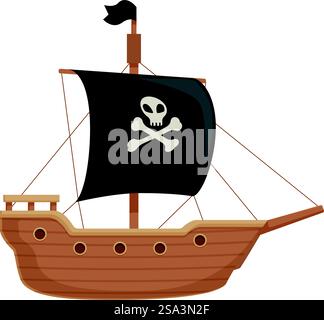 Abbildung eines klassischen Holzpiratenschiffs mit schwarzer Flagge mit Schädel und Kreuzknochen. Karikatur-Piratenschiff isoliert auf weiß Stock Vektor