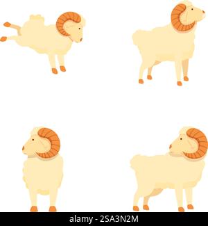 Illustrationskollektion mit vier Cartoon-Widdern, die in verschiedenen Posen auf weißem Hintergrund stehen. Set von Cartoon-Widdern in verschiedenen Posen Stock Vektor