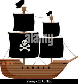 Zeichentrickfilm Piratenschiff Illustration mit schwarzen Segeln und fröhlicher roger Flagge, Vektor-Grafik-Design für Kinder&rsquo;s Buch, maritimes Abenteuer und nautische Themen Kunstwerk. Vektor-Illustration eines klassischen Piratenschiffs mit schwarzen Segeln und einer Schädelflagge Stock Vektor