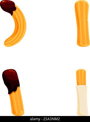 Set von bunten und verspielten Cartoon Snack Leckereien und Desserts mit Vektor Illustration. Enthält süße und leckere Schokolade, Bananenkugel, Eis und mehr. Perfekt für Kinder und Genießer. Vektor-Illustrationen von Cartoonstyled Dessert und Snack Leckereien, isoliert auf weißem Hintergrund Stock Vektor