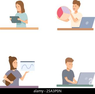 Set aus vier Illustrationen, die Fachleute zeigen, die sich mit digitalen Arbeiten und Präsentationen beschäftigen. Verschiedene Fachleute, die an Computern arbeiten und Daten präsentieren Stock Vektor