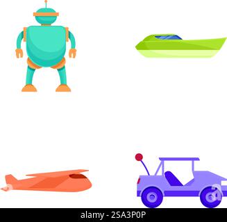 Sammlung isolierter Vektorsymbole mit Roboter, Boot, Flugzeug und Auto. Bunte Vektorsätze mit Transport- und Robotersymbolen Stock Vektor