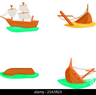 Set aus vier Illustrationen im Zeichentrickstil, darunter ein Schiff und Boote. Sammlung von Zeichentrickschiffen und Booten Illustration Stock Vektor