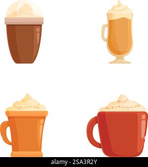 Vektor-Set mit vier verschiedenen gestalteten Kaffeetassen mit Schlagsahne auf weißem Hintergrund. Illustration zum Sortiment warmer Kaffeegetränke Stock Vektor