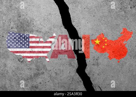 USA und China Flaggen an einer Betonmauer. China und die USA im Bereich künstlicher Intelligenz oder KI-Wettbewerbe Stockfoto
