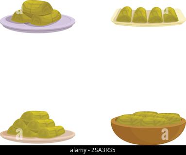 Illustration der Sammlung von verschiedenen Knödeln im traditionellen asiatischen Küchenstil auf weißem Hintergrund. Ideal für Menüoptionen, kulinarische Vielfalt und Restaurantillustrationen. Set mit vier illustrierten Knödeln auf Tellern, isoliert auf weißem Hintergrund Stock Vektor