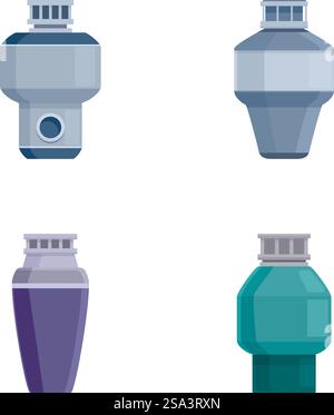 Sammlung von vier verschiedenen Illustrationen von Vektorwasserfiltern, isoliert auf weiß. Satz mit vier illustrierten Wasserfiltern Stock Vektor