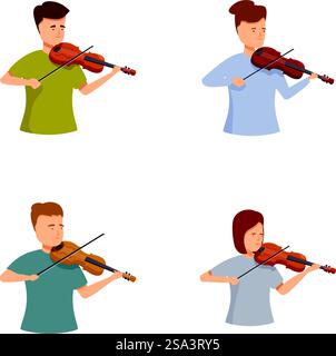 Sammlung von vier Zeichentrickmusikern mit verschiedenen Posen, die die Geige isoliert auf weißem Hintergrund spielen. Set von Zeichentrickfiguren, die Geige spielen Stock Vektor