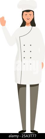 Freundlicher Cartoon-Koch in professioneller Kleidung, der eine Begrüßung winkt. Lächelnder Comic-Koch winkt Hallo Stock Vektor