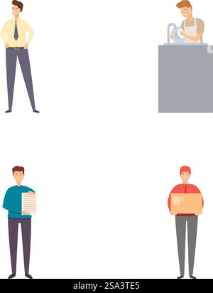 Sammlung von vier Illustrationen, die Geschäftsleute in verschiedenen Arbeitssituationen zeigen. Gruppe von Geschäftsleuten in verschiedenen Posen Stock Vektor