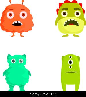 Sammlung von niedlichen, farbenfrohen Comic-Monster-Charakteren isoliert auf weißem Hintergrund. Set aus vier niedlichen Comic-Monstern Stock Vektor