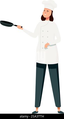 Cartoon einer Küchenchefin in Uniform, die selbstbewusst eine Pfanne hält, isoliert auf weißem Hintergrund. Professionelle Küchenchefin in der Pfanne Stock Vektor