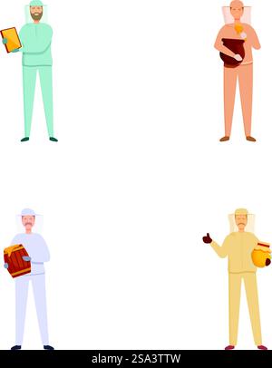 Vier Zeichentrickfiguren, die verschiedene Berufe mit ihren Werkzeugen repräsentieren. Set von Profis mit Werkzeugen Stock Vektor