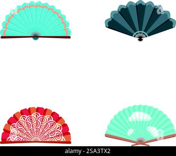 Vektorillustration von vier dekorativen Handventilatoren in verschiedenen Farben und Mustern. Set aus eleganter Kollektion von Handventilatoren Stock Vektor