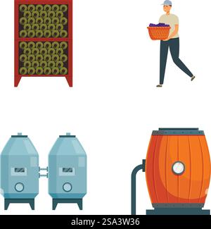 Sammlung farbenfroher Illustrationen, darunter Weinkellereien, Fässer und ein Arbeiter mit Trauben. Illustrationsset für Weingüter und Arbeiter Stock Vektor