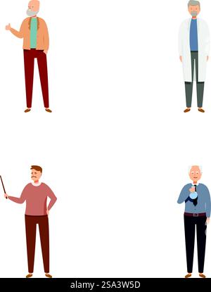 Illustration von vier älteren männlichen Charakteren in verschiedenen Outfits und Posen. Eine Reihe verschiedener älterer Männer Stock Vektor