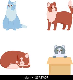 Sammlung von vier liebenswerten illustrierten Katzen, die stehen, sitzen und liegen. Set niedlicher Karikaturkatzen in verschiedenen Posen Stock Vektor