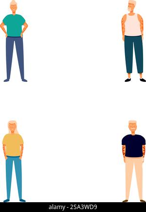 Vielfältige Sammlung von älteren Männern Charaktere in Casual Wear Illustration Vektor Set repräsentiert positive und glückliche ältere Bürger lächelnd und selbstbewusst in verschiedenen Outfits und Lifestyle. Vielfältige Sammlung älterer männlicher Charaktere in verschiedenen Outfits und Posen Stock Vektor