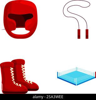 Sammlung von modernen und sauberen Vektorsymbolen für Sportgeräte Set für Boxen. Wrestling. Und Fitnesstraining mit Handschuhen. Stiefel. Sprungseil. Und vieles mehr. In flachen Designelementen. Vektor-Illustration von Boxausrüstung und Wrestlingring-Symbolen Stock Vektor