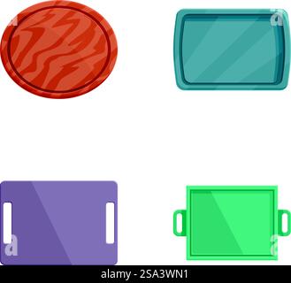 Sammlung von bunten Zeichentricktabletts und Schneidebrettern isoliert auf weißem Hintergrund. Set aus verschiedenen Tabletts und Schneidebrettern im Zeichentrickstil Stock Vektor