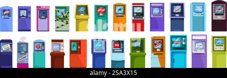 Fehlerhafte ATM-Symbole setzen Vektor. Eine Reihe farbenfroher Verkaufsautomaten mit verschiedenen Schildern und Symbolen. Die Maschinen sind in einer Reihe angeordnet, einige davon sind grün, blau und rot. Die Szene ist lebhaft und farbenfroh. Fehlerhafte ATM-Symbole setzen Vektor. Eine Reihe farbenfroher Verkaufsautomaten mit verschiedenen Schildern und Symbolen Stock Vektor