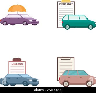 Farbenfrohe und einfache Symbole für das Konzept der Autoversicherung in flacher Bauweise für Schutz und Sicherheit des Fahrzeugs. Einschließlich Elemente wie Richtlinie. Regenschirm. Und Transport. Set aus vier flachen Symbolen, die das Konzept der Kfz-Versicherung mit Regenschirm und Police darstellen Stock Vektor
