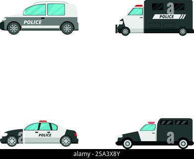 Illustration verschiedener Polizeifahrzeuge im Cartoonstil, einschließlich Autos und Lieferwagen, isoliert auf weißem Hintergrund. Eine Reihe von Cartoon-Polizeifahrzeugen isoliert auf weiß Stock Vektor