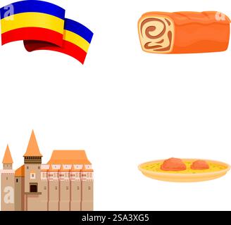Rumänien Symbol Symbole setzen Cartoon Vektor. Verschiedene Attraktionen rumäniens. Reisekonzept. Rumänien Symbol Symbole setzen Cartoon Vektor. Verschiedene Attraktionen rumäniens Stock Vektor