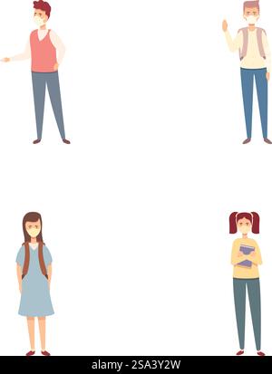 Illustration mit einer Sammlung von vier verschiedenen Zeichentrickfiguren, die jeweils eine einzigartige Haltung und Emotionen zeigen. Set aus vier Zeichentrickfiguren in verschiedenen Posen Stock Vektor