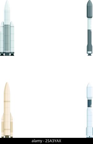 Sammlung von vier Cartoonstil-Weltraumraketen in verschiedenen Designs, isoliert auf weißem Hintergrund. Set von Cartoon-Weltraumraketen isoliert auf weiß Stock Vektor