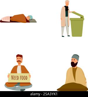 Sammlung von Vektorillustrationen, die verschiedene Obdachlose in urbanen Szenarien darstellen. Eine Reihe von Obdachlosen Vektoren Stock Vektor