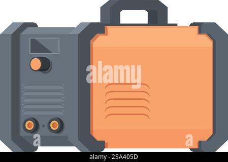 Bunte Zeichentrickillustration einer robusten Schweißmaschine mit elektrischer Energie in einer industriellen Werkstatt. Isoliert und in einer Wohnung konstruiert. Flache Vektor-Illustration einer Cartoon-Stil orange Schweißmaschine mit Griff Stock Vektor