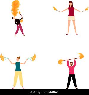 Vektorsammlung von vier Personen, die Feuerjonglierfähigkeiten und Leistungsfähigkeiten zeigen. Eine Reihe von verschiedenen Leuten, die Feuertricks ausführen Stock Vektor