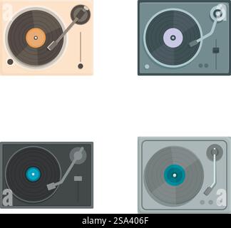 Sammlung von vier klassischen Drehtellerillustrationen in minimalistischem Stil. Set mit vier Vintage-Plattenspielern Stock Vektor