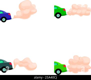 Eine Reihe von Illustrationen mit Cartoon-Autos, die verschiedene Formen von Abgasen ausstoßen. Cartoon-Auto, das Verschmutzungswolken absaugt Stock Vektor