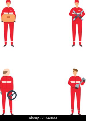 Sammlung von Illustrationen, die das Lieferpersonal mit Paketen, einem Wagen und einem Scangerät zeigen. Set von Mitarbeitern im Zustelldienst in Uniform mit Paketen und Ausrüstung Stock Vektor