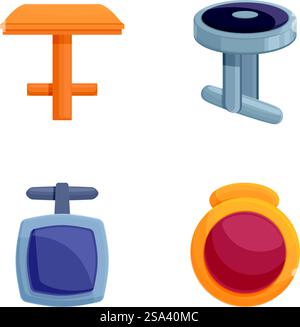 Sammlung von vier farbenfrohen Zeichentrickmöbeln, einem Holztisch, einem modernen Hocker, einer Seilbahn und einem runden Spiegel. Set von Zeichentrickmöbelsymbolen Stock Vektor