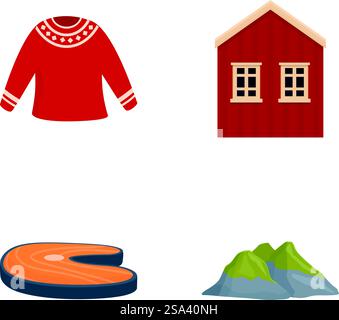 Set aus vier farbenfrohen Vektorsymbolen, die skandinavische Elemente darstellen, darunter traditioneller Pullover, Kabine, Lachs und Berge. Skandinavische Kultur- und Naturvektorsymbole gesetzt Stock Vektor