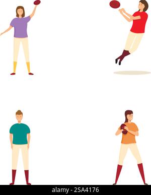 Vier Abbildungen von Personen, die an verschiedenen sportlichen Übungen und Sportarten teilnehmen. Eine Gruppe von verschiedenen Personen, die an sportlichen Aktivitäten teilnehmen Stock Vektor